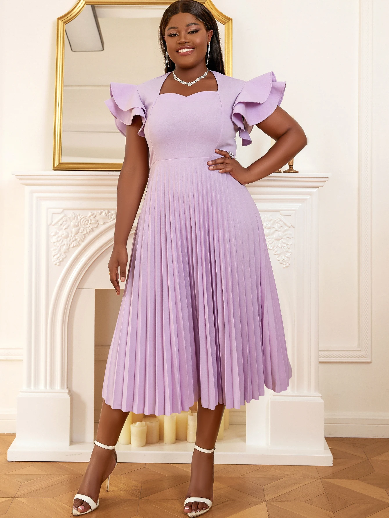 Women Pleated Midi Dress For 2023 Purple Tiered Ruffle Sleeves A Line Spring Summer Chic Fashion Gown Event Party African Female