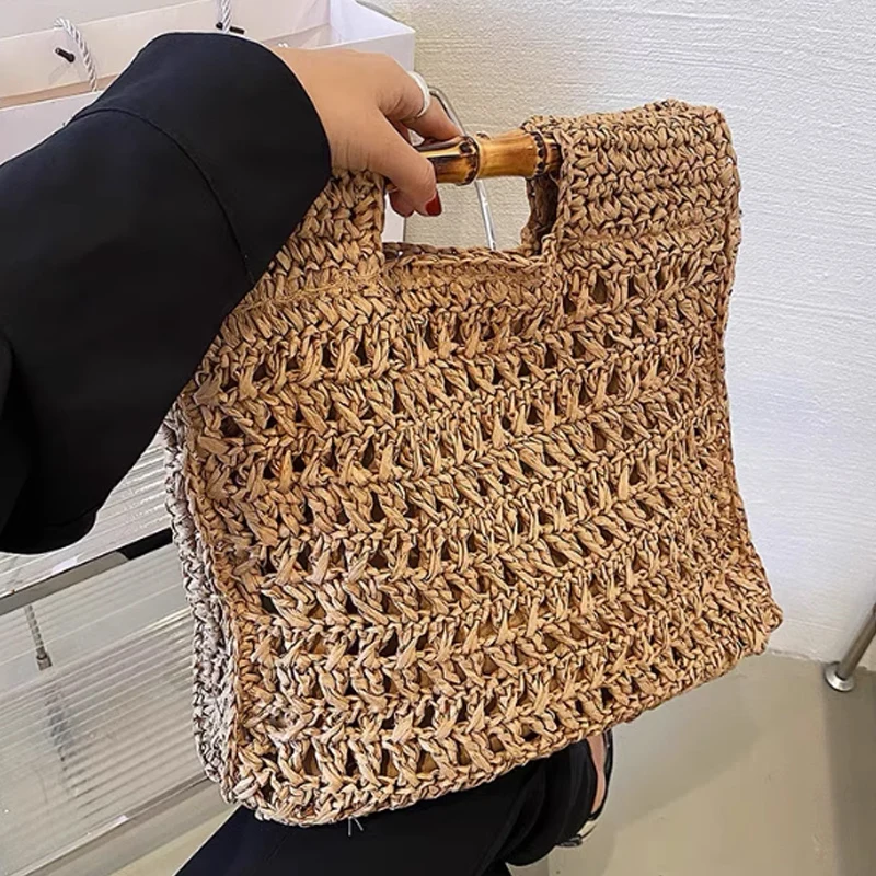 

New Bamboo Tote Bag Fashionable Handmade Grass Woven Women's Bag Large Capacity Vacation Beach Bag Crossbody Bag