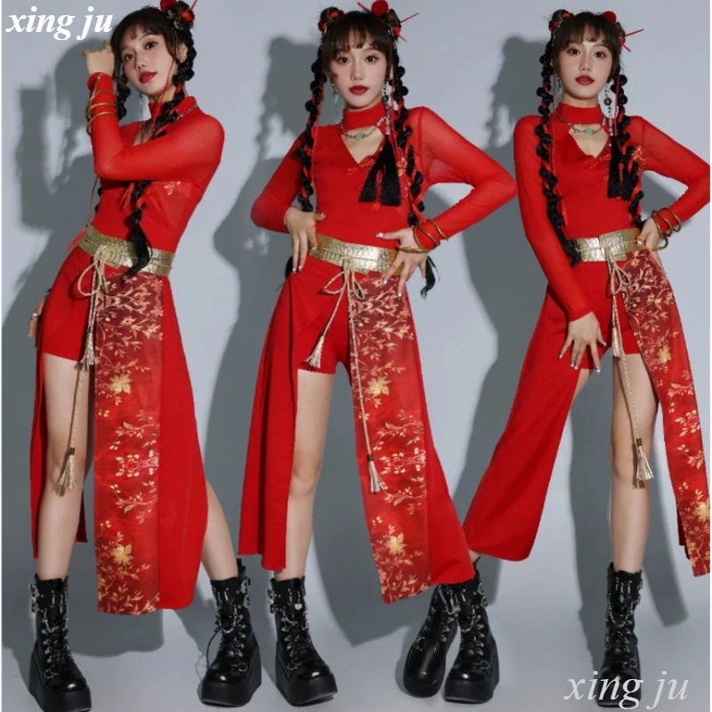 

Костюмы Xing Ju в китайском стиле для женских групп: красные наряды для вечеринок, хип-хопа, танцев, выступлений в ночных клубах и джазовых представлений