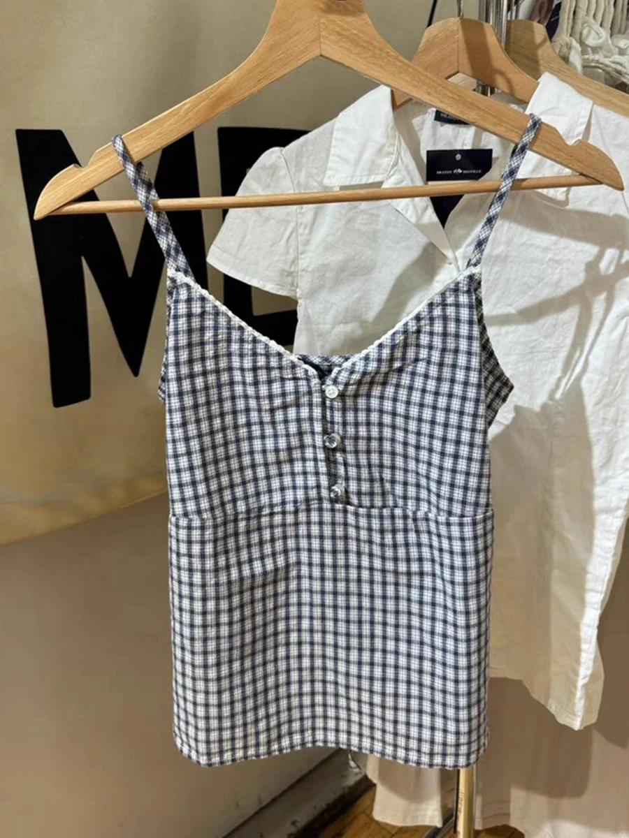 Vintage Navy Plaid Tank Top Woman Lace Trim V-neck Buttons Back Lace-up Cotton Camis Summer Casual Streetwear Sweet Slim Vest