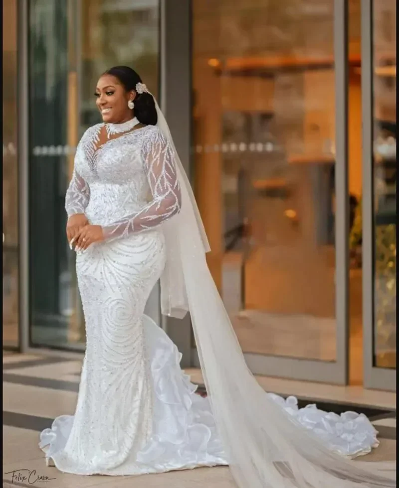 Vestidos De Novia De sirena con lentejuelas y cuentas africanas personalizadas, Vestidos De Novia De manga larga con ilusión De cuello alto