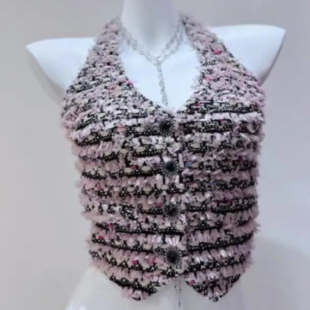 

new black pink tweed neck strap sleeveless vest women top crochet top