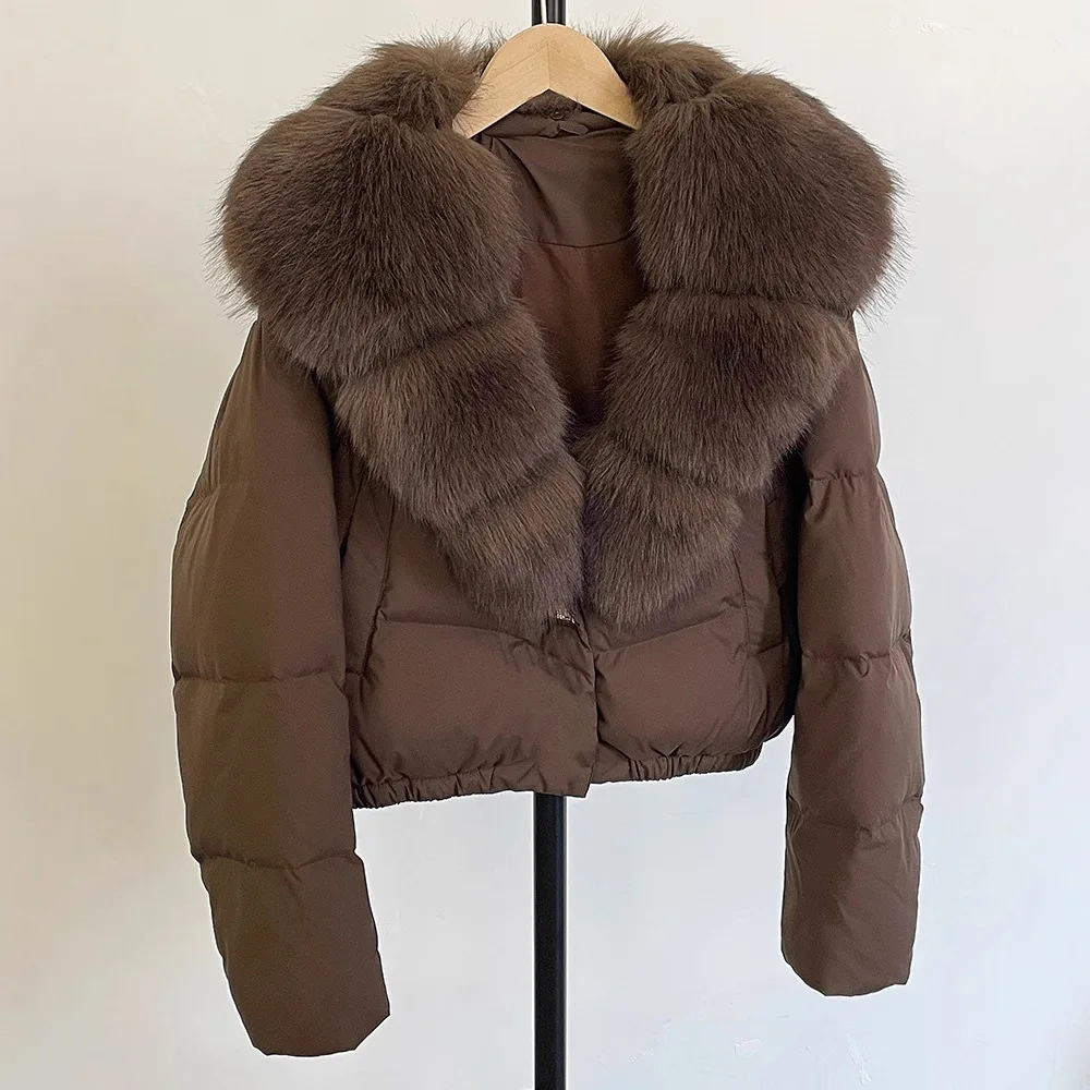 

Puffer Jacket Winter Real Collar V-neck Thick Warm Women Duck Down Jacket Casual Short Fox Fur Coat Outwears