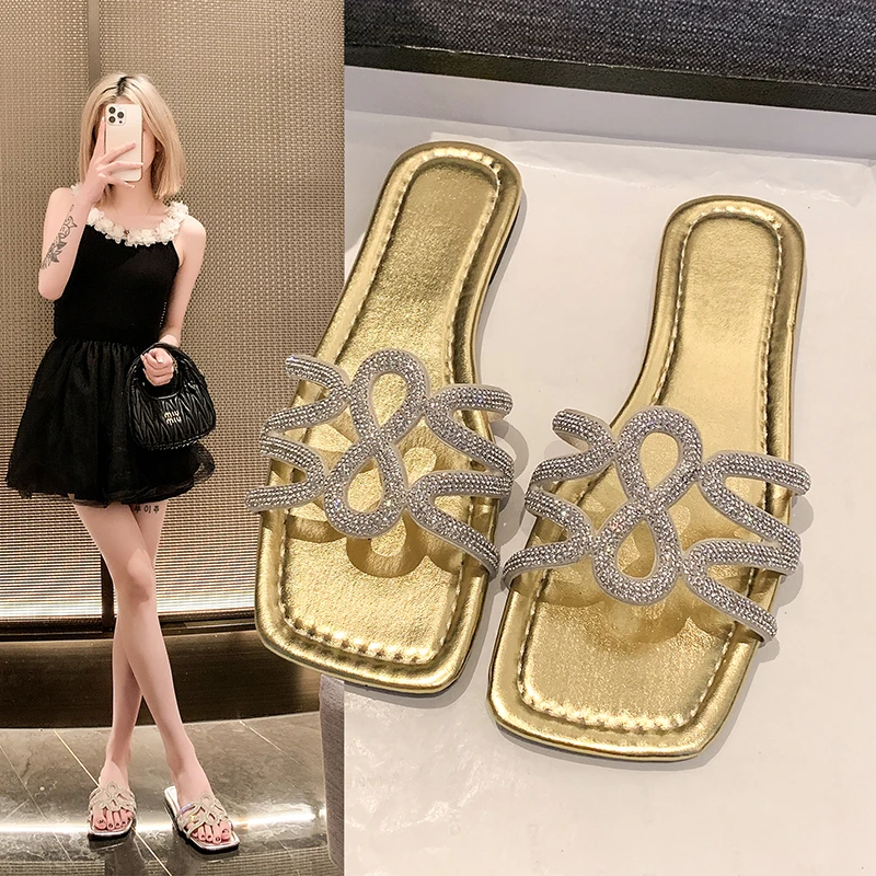 

Large Size Flat Bottom Outside Wearing Rhinestone Open Toe Fashion All Lightweight Comfortable Non-slip Simple Women's Slippers