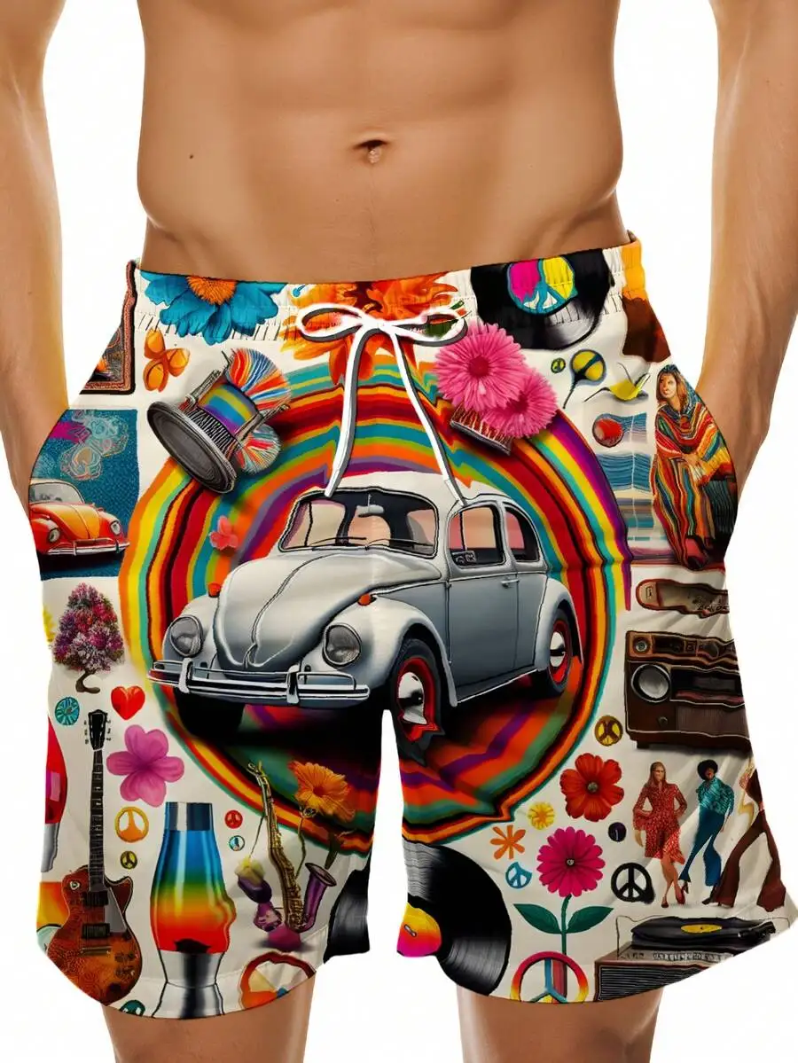 

Hippie Style Beetle Rainbow Peace Sign Music Vinyl Flower Guitar Beach Shorts For Men