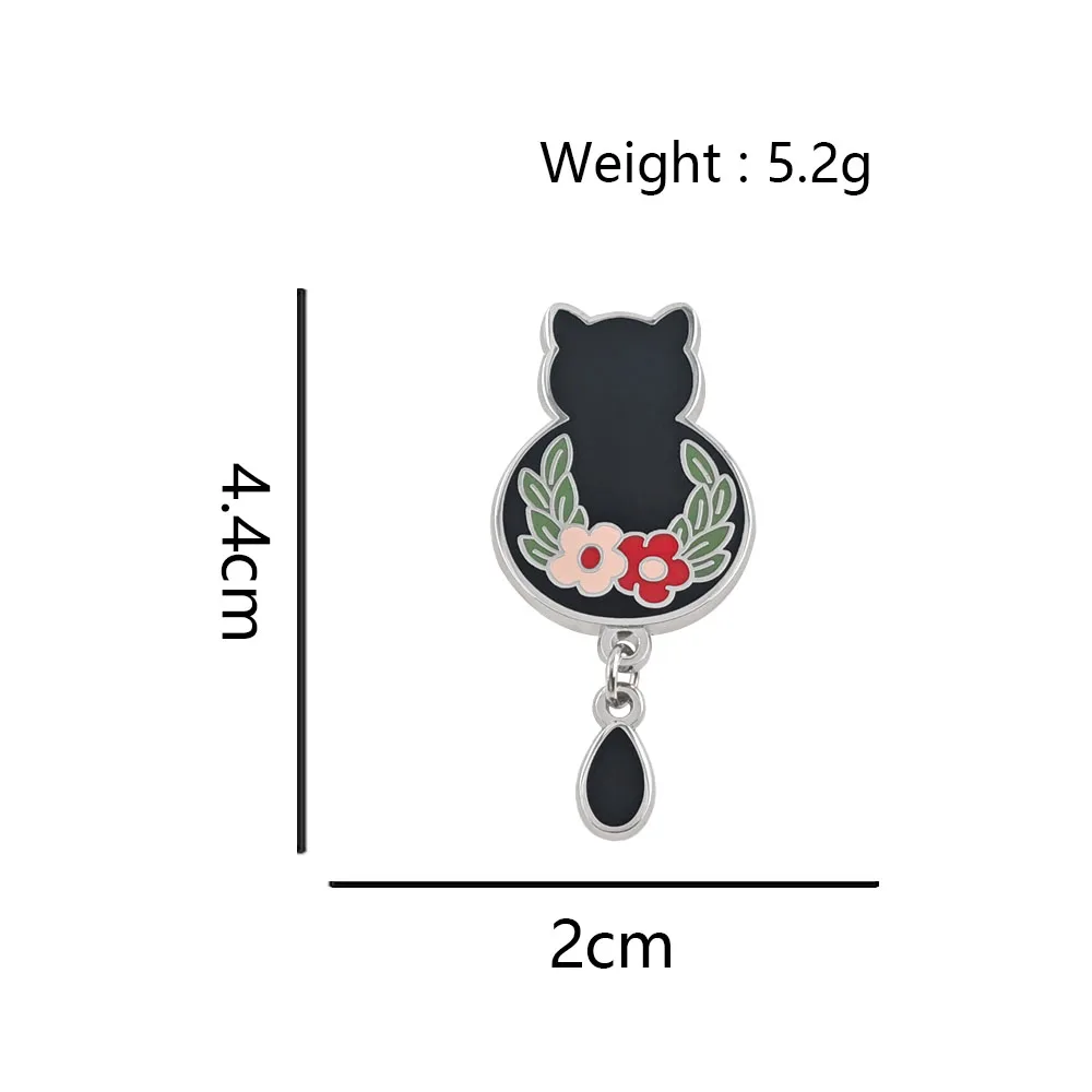 Niedliche Schwarze Katze Emaille-Pin Blumenkranz Anhänger-Brosche Kawaii Kätzchen Tropfenform Quasten-Abzeichen Tier-Reversnadel Schmuck Geschenk für Katzenliebhaber – Detail 2