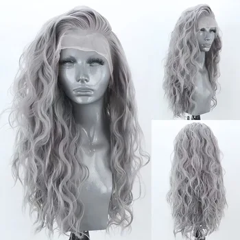 AIMEYA Silbergraue lose lockige Perücke, hitzebeständige synthetische Lace-Front-Perücke für Frauen, blonde synthetische Spitze-Perücke, Cosplay-Perücken