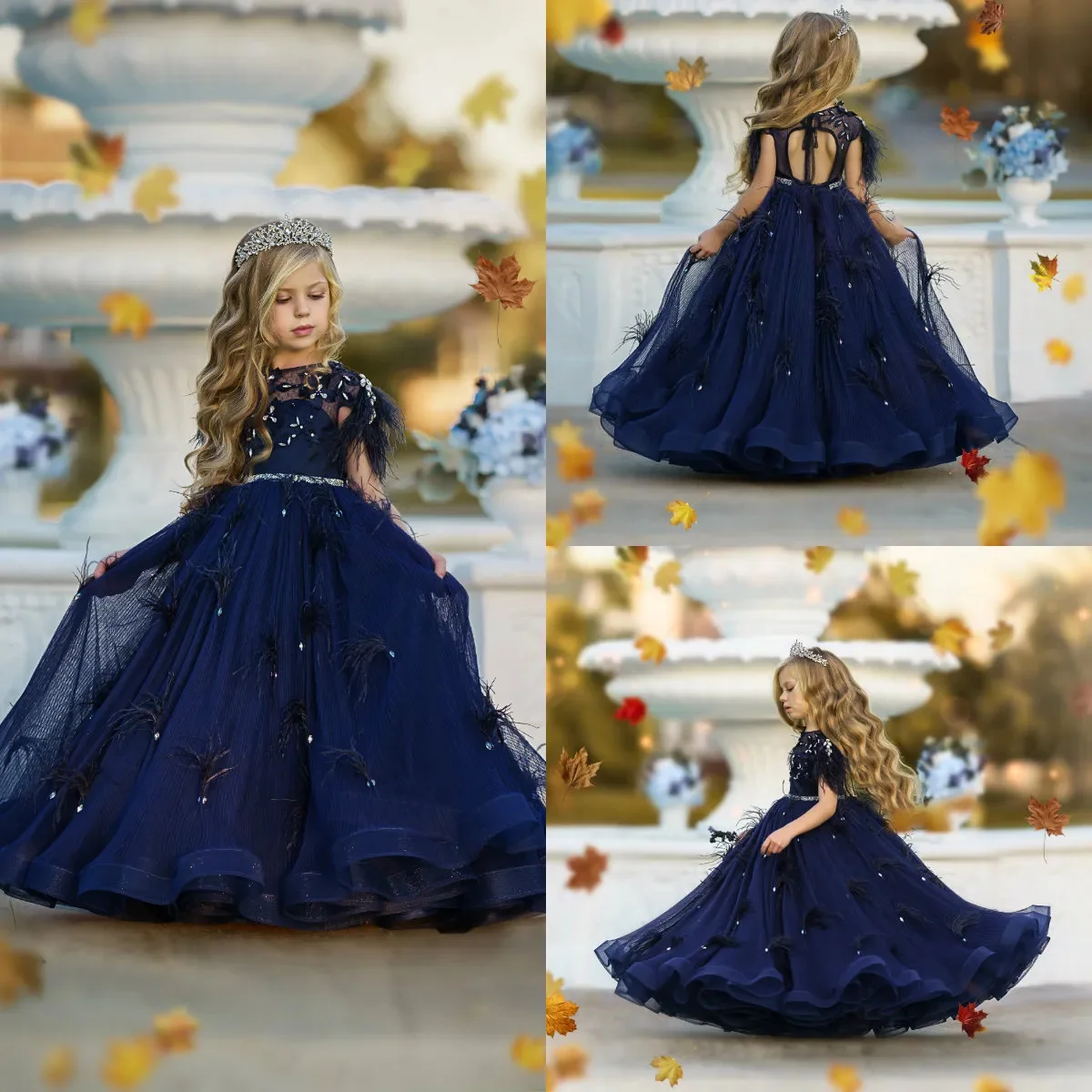 Robe à fleurs en tulle bleu marine pour filles, appliques pelucheuses, perles, manches courtes, plumes, robes de fête d'anniversaire charistique pour enfant, première année