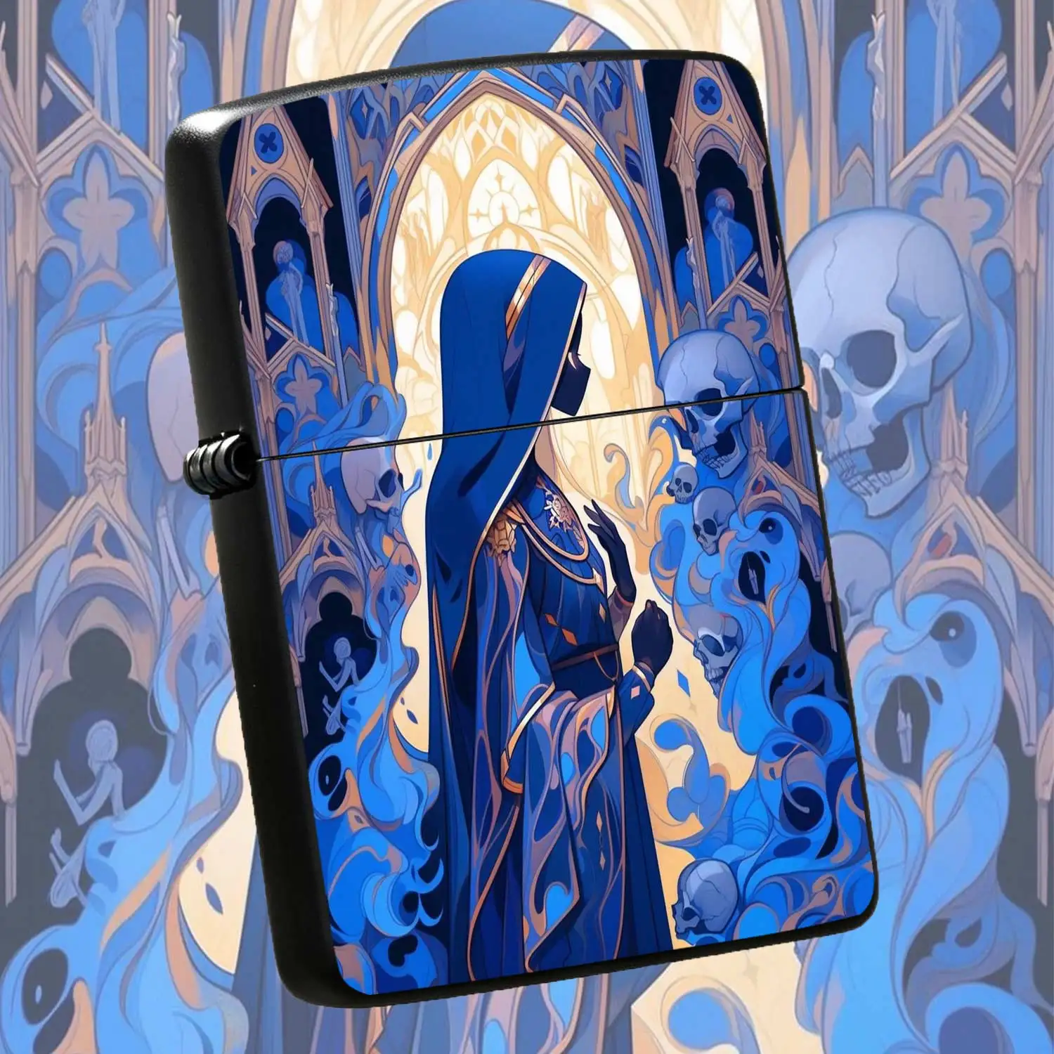 Reusable Flip-top Pocket Metal Windproof Lighter with Gothic Skeleton Nun Design, Retro Dark Religious Aesthetic Style, Creative Personalized Portable Ignition Tool, Ideal for Niche Trend Playand Gift-giving Humorous and Fun Light