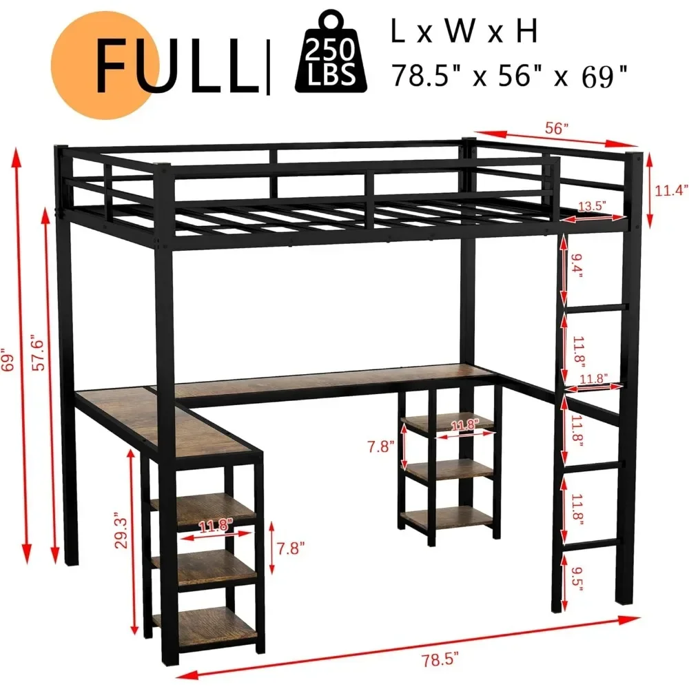 Dormitory Beds, Full Size Loft Bed with Desk and Storage Shelves, Heavy Duty Loft Bed Full Size with L-Shaped Desk and Ladder