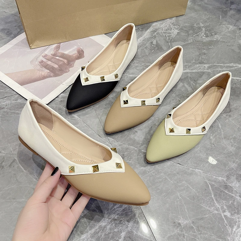 Spring Rivet Women Shoes Summer Ballet Flats Pointed Toe Pumps Shoes Boat Shoes Simple Bright Leather Slip on Shallow Wome Shoes