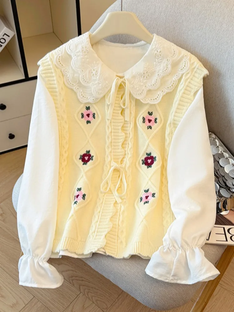 Colete longo de malha Sve bordado com cinto Design auto-preservador Gola feminina Conjunto de duas peças Design original Straigh...