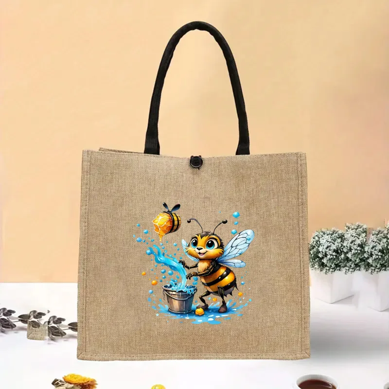 Cute Cartoon Bee Honey Bucket Print Linen Tote Bag Reusable Shopping Bag Portable Handbag Grocery Storage Shoulder Bag