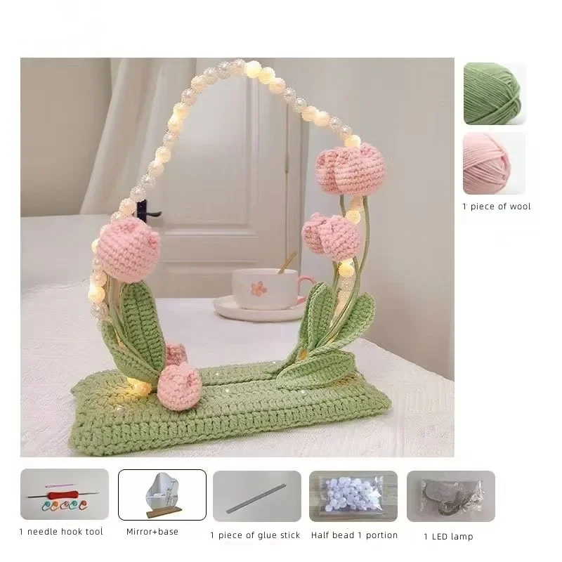 Hand-Woven Tulip Makeup Mirror, Lily of The Valley, Small Bouquet, Desktop Decoration, Bedroom Decoration, Wool Crochet Mirror