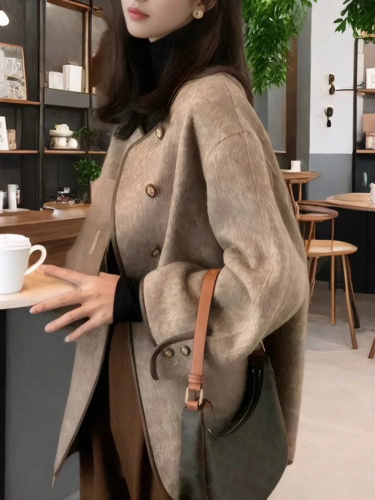 [EWQ] Korean Vintage Style Long Sleeve O-neck Woolen Coat Single Breasted Loose Women Cashmere Jacket 2024 Winter New 16O3586