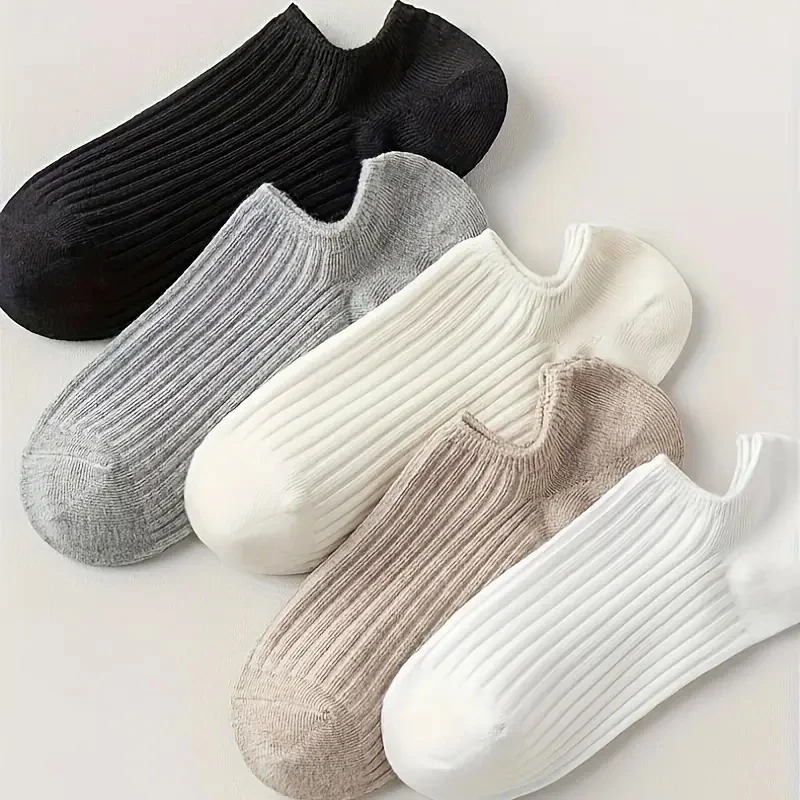 5 Pairs Of Short Socks Women's Summer Solid Color Black And White Simple Casual Low Cut Breathable Socks