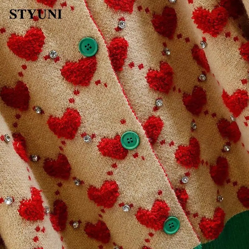 Heart Argyle Diamonds O-Neck High Street Kawaii Knitted Women\'s Sweaters Long Sleeve Buttons Short Jumpers Female Cardigans