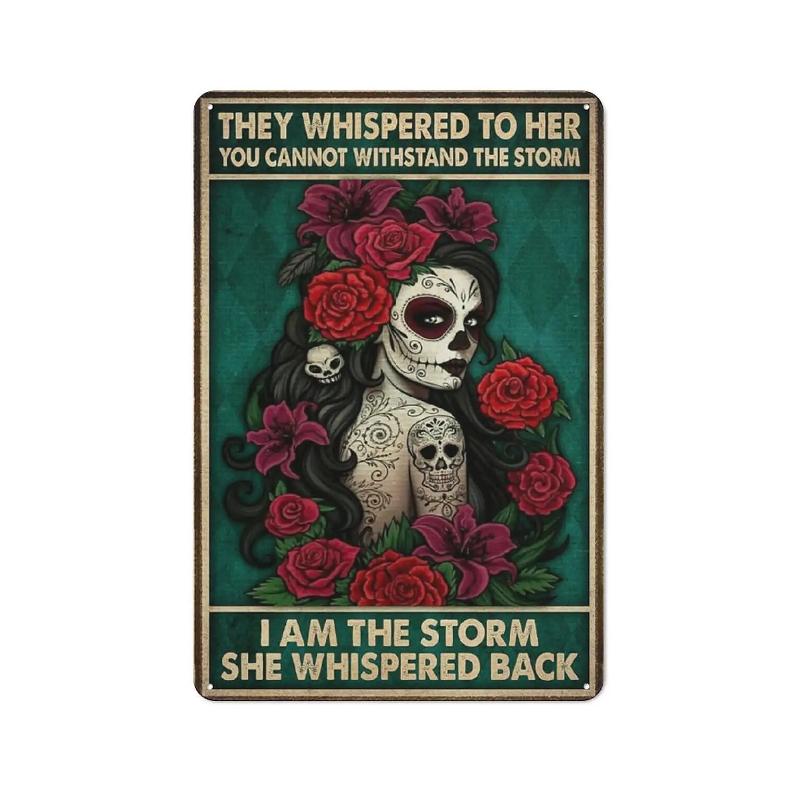 Metal Tin Retro Sign - and She Lived Happily Ever After Poster, Wicked Witch Halloween Decor, Sugar Skull Sign, Day of The Dead,