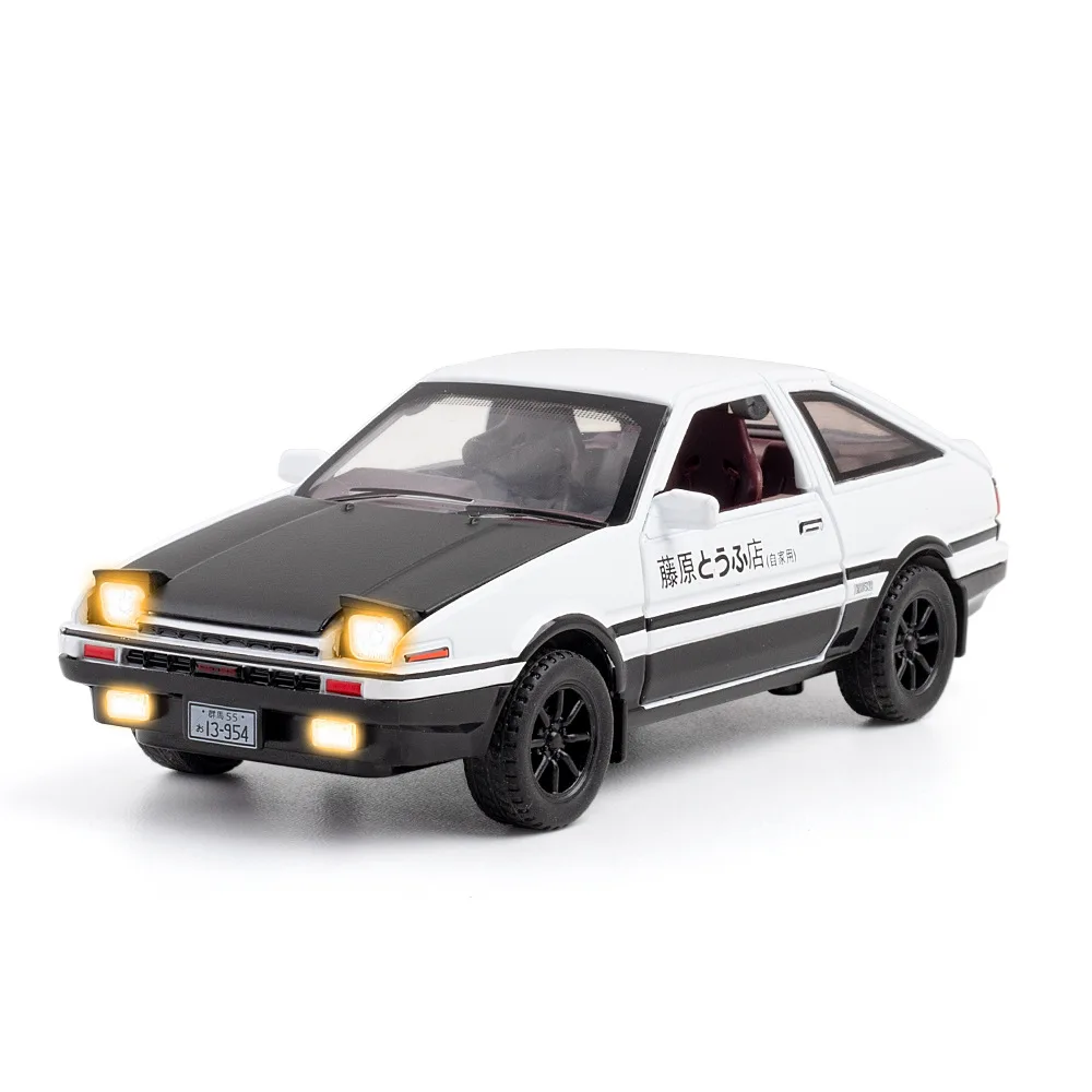 

1:32 AE86 Alloy Car Metal Diecasts Vehicles Model Miniature Scale Sound Light Pull Back Car Model 4 Doors Opened For Children