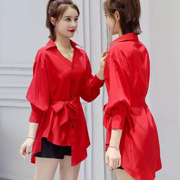 

Red Chiffon Casual irt Women's Spring Autumn New Asymmetrical Waist-Cinched Mid-Length Cover Belly White irt 2023