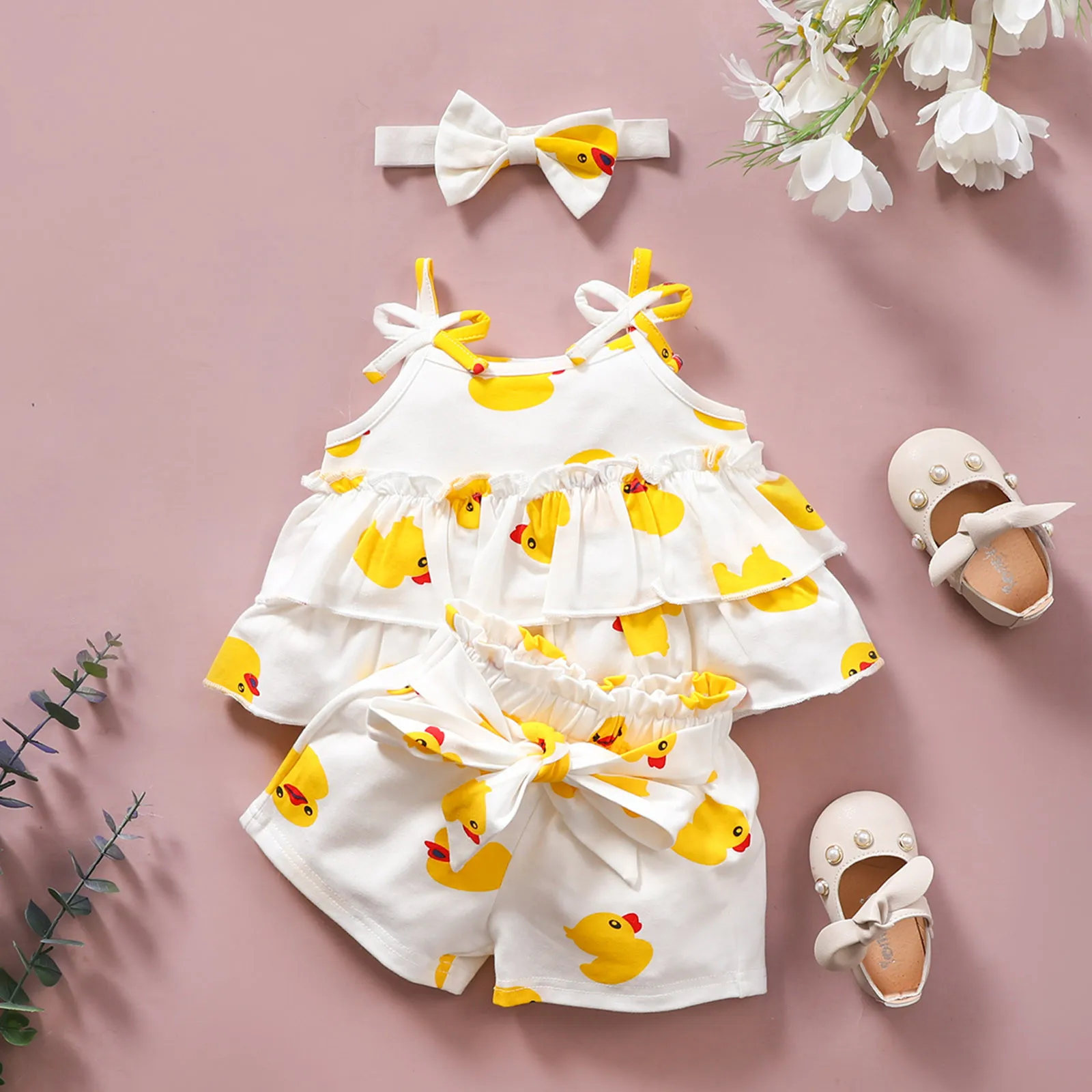 3-24 Months Summer Baby Clothes Girls Yellow Duck Printed Newborn Outfits Front Bow Sling Vest Tops+Shorts Toddler Girl Clothes