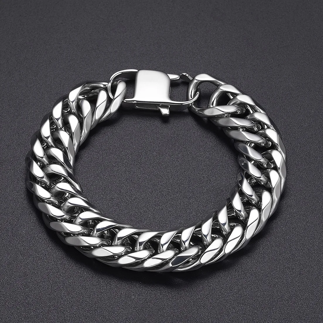 

Mens Stainless Steel Double-woven Six-sided Polished Cuban Chain Link Bracelet Simple 13.5mm 9inch Heavy