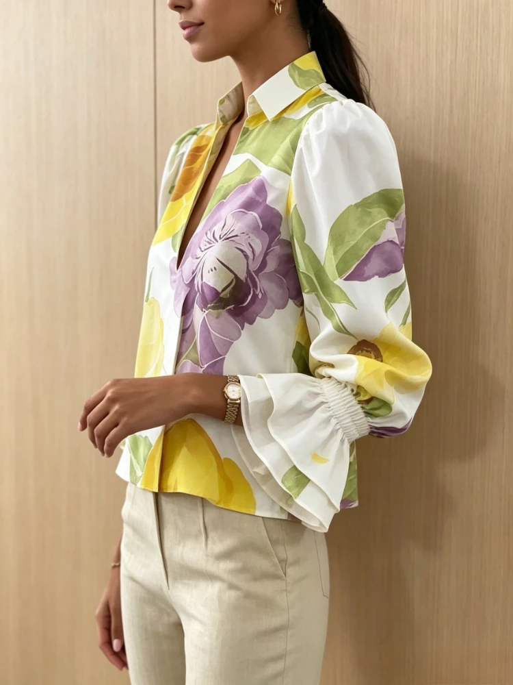 

2026 Women Floral Print V Neck Blouse Tops Elastic Cuffs Loose Fit Spring Summer Casual Office Outfits Women's Blouse