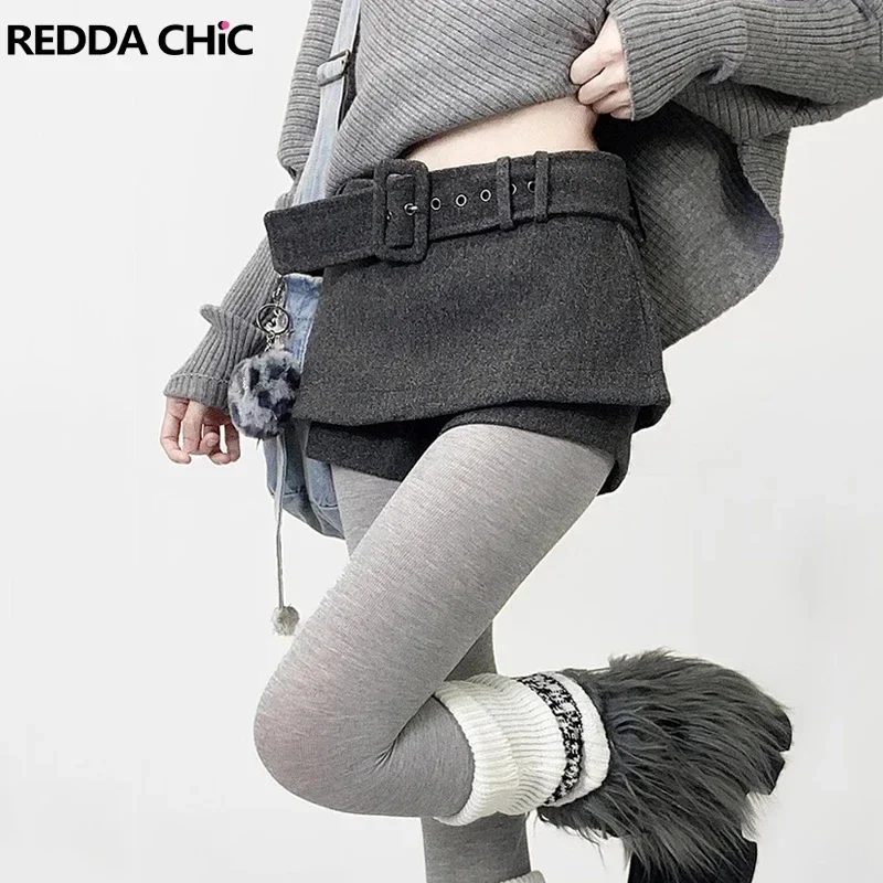 IMU Low Rise Tweed Shorts Women School Retro Gray Belt A-line Wrap Skirt Mini Skorts Grunge Cutecore Autumn Winter Bottoms