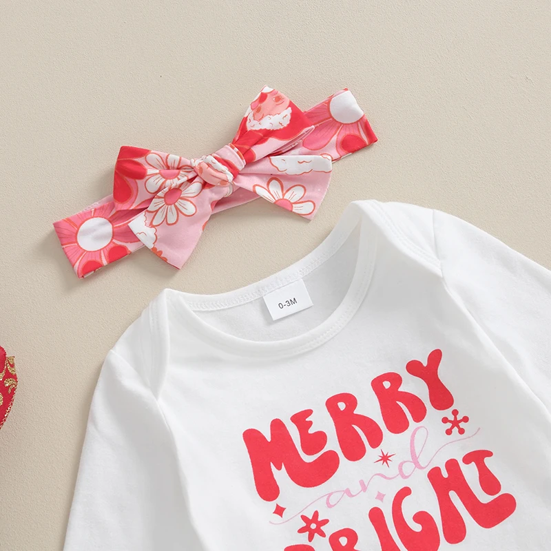 Newborn Baby Girl Christmas Outfit Long Sleeve Ruffle Romper  Cookie Milk Flared Pants Headband Set