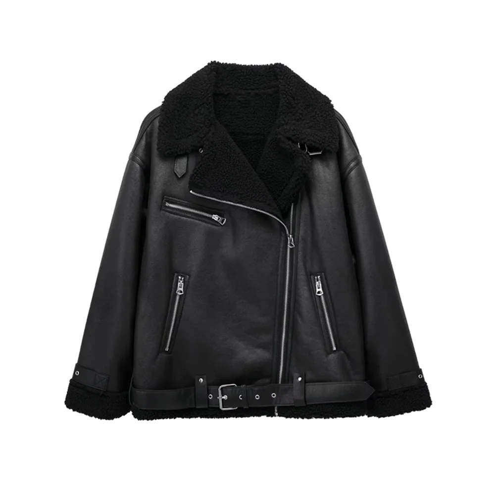TRAF Autumn new women\'s fashionable fur one-piece thickened warm jacket with belt and double-sided jacket jacket