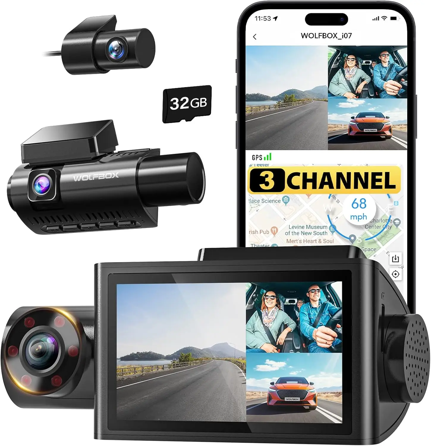 

i07 3-канальная камера WiFi GPS 4K спереди + внутри, 1440P + 1080P + 1080P тройная автомобильная камера с 3-дюймовым ЖК-дисплеем, картой 32 ГБ, ИК-ночным видением, 24 часа, парковочный мод