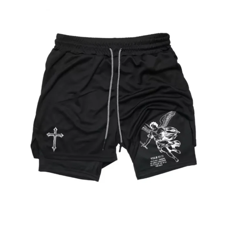 Men's Angel Cross Graphic 2-in-1 Quick Dry Workout Running Shorts with Phone Pocket And Towel Loop Gym Athletic Activewear