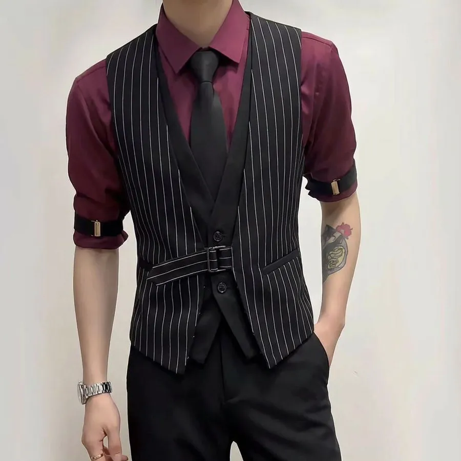 Striped Fake Two Piece Sleeveless Suit Vest Men's V-neck Vest Waiter Nightclub Uniform Waistcoat Casual Business Dress Vests