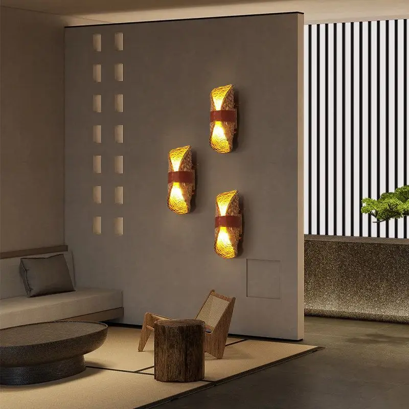 Retro Rattan Weave Wall Lamp Japanese Bedroom Bedside Wall Lights Pastoral Countryside Indoor Decoration Wall Lighting Fixture
