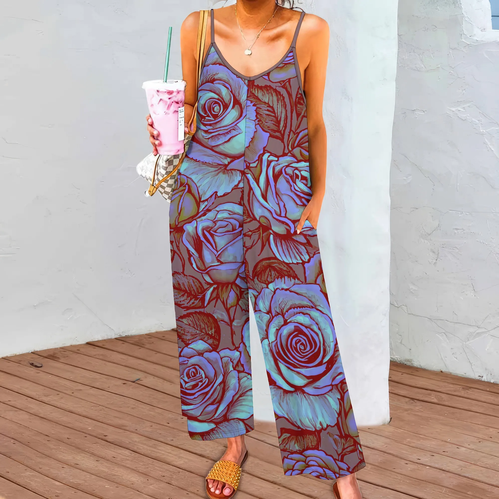 EQQZD Women's Black Spaghetti Strap Pocket Jumpsuit Polyester Wide-Leg Ankle Casual Summer Trendy