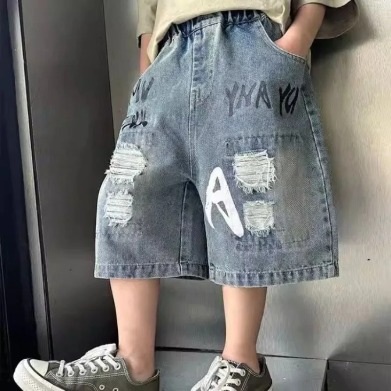 

2026 New Boy's Denim Shorts Summer Kids Casual Ripped Thin Loose Fit Middle Pants​