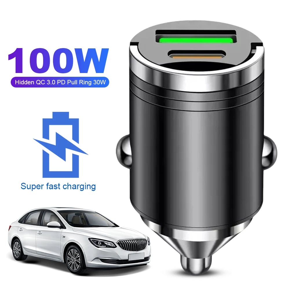 100W Fast Charging Adapter Car Charger Adapter USB Type C QC3.0 PD Mini Car Phone Charger for iPhone Samsung Android Phone