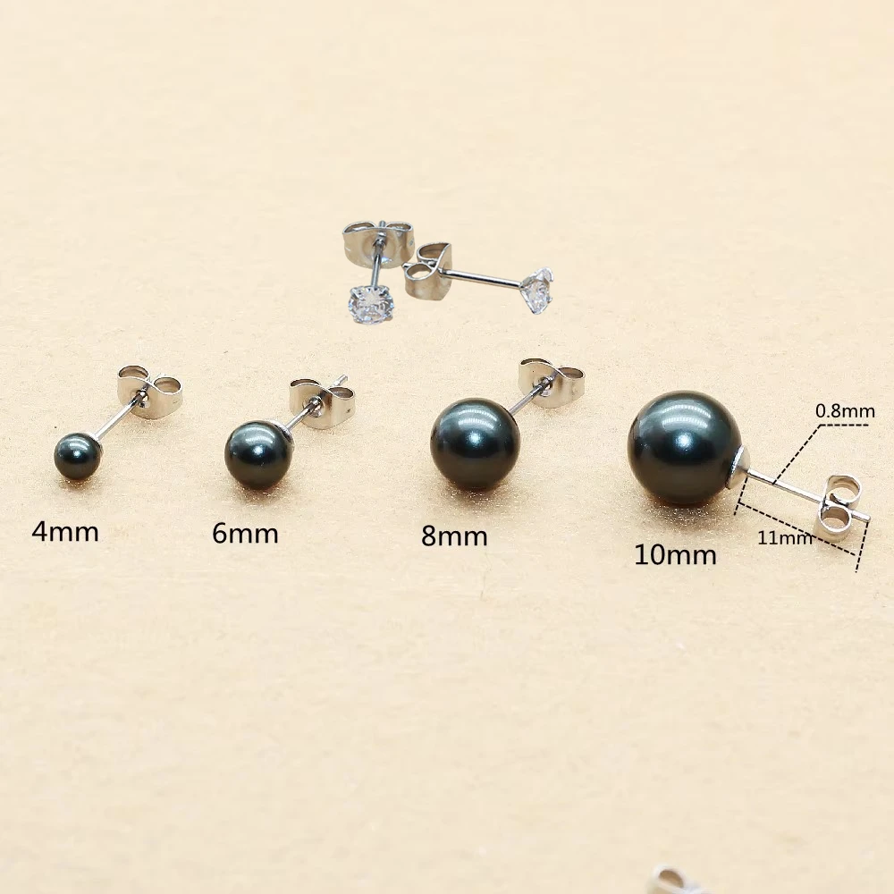 1Pair Black Beads Stud Earrings Stainless Steel Push-back Allergy Free No Fade Brief Style 4/6/8/10mm