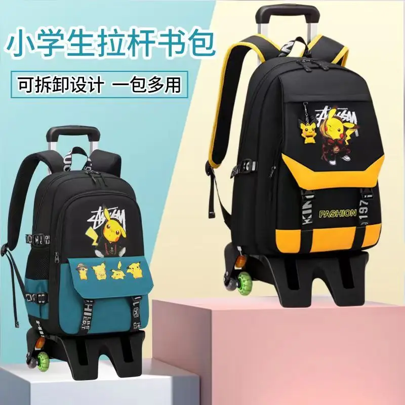 pokemon Cartoon Backpack Trolley Six-Wheel Stair Climbing Student Large Capacity School Bag Detachable Dual-Use Travel Backpack