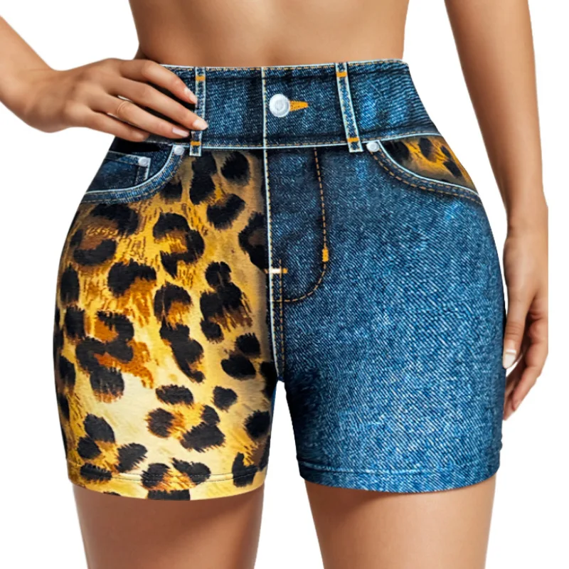 Women's  Seamless High Waist Imitation Denim Print Tight Sports Shorts Women's Leopard Print High Elastic Breathable Running