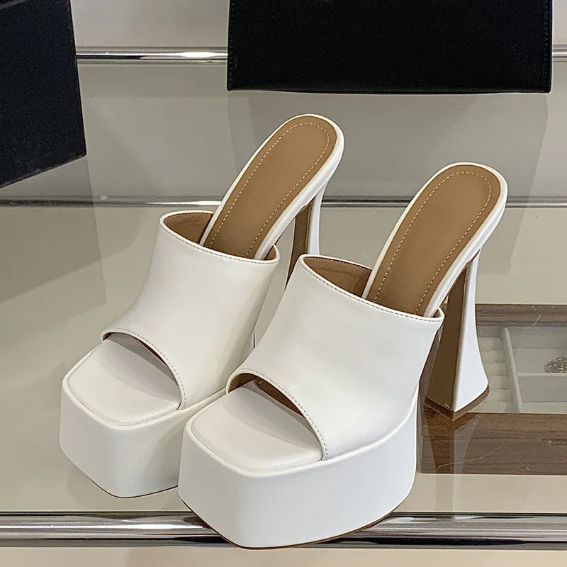 Aneikeh Fashion Chunky High Heeled Slippers for Women's Shoes Sexy Square Toe Exposed Toe Sandals Banquet Pumps Summer