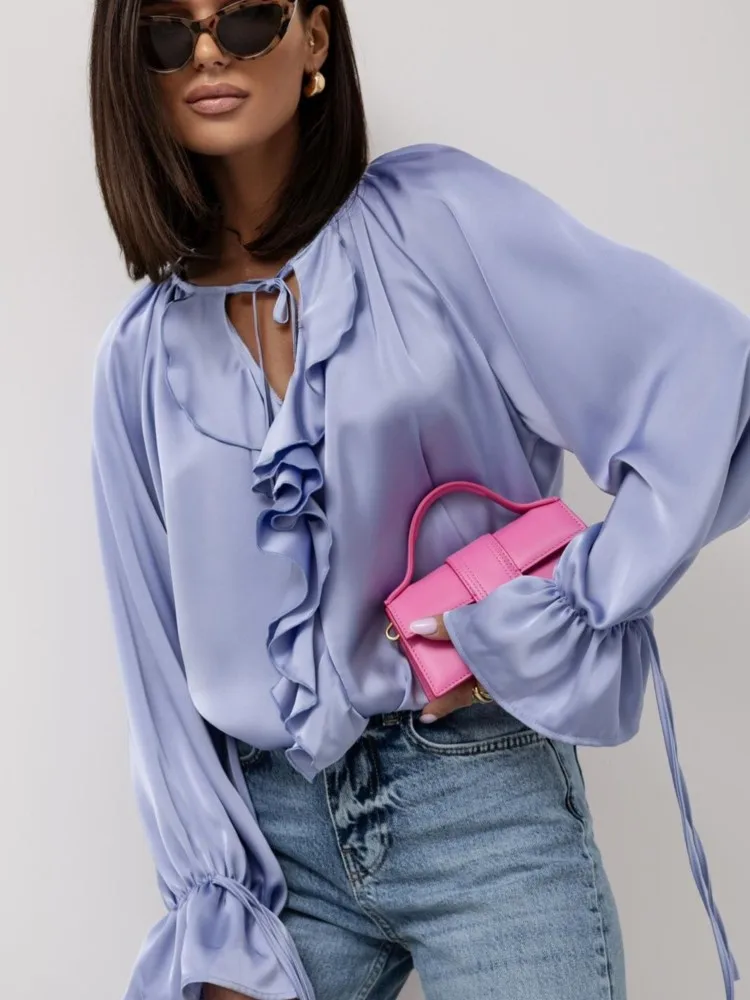 

Elegant Temperament Ruffle Flared Sleeves V-Neck Strap Up Women's Shirt Solid Color High Grade Ruffle Decorative Loose Blouse