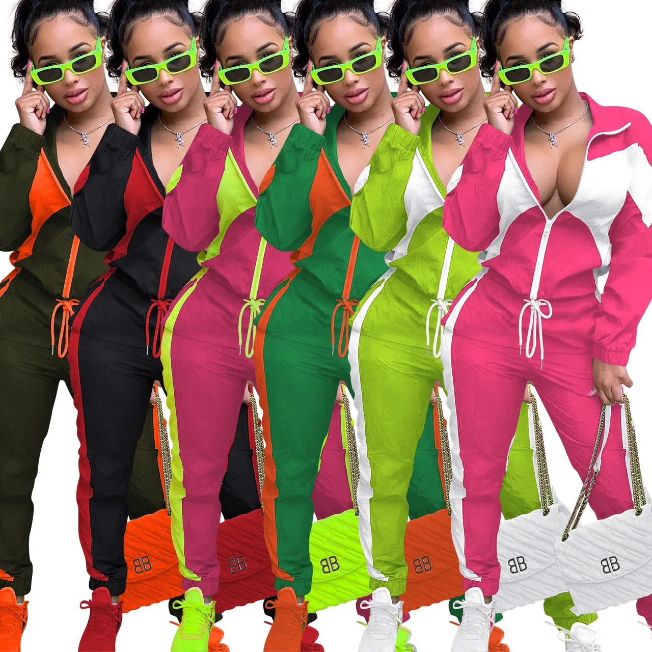 

Autumn 2pcs Women's Patchwork Sportswear Lapel Long Sleeve Zip Jacket Tops Long Pants Trousers Loose Casual Clothes Set