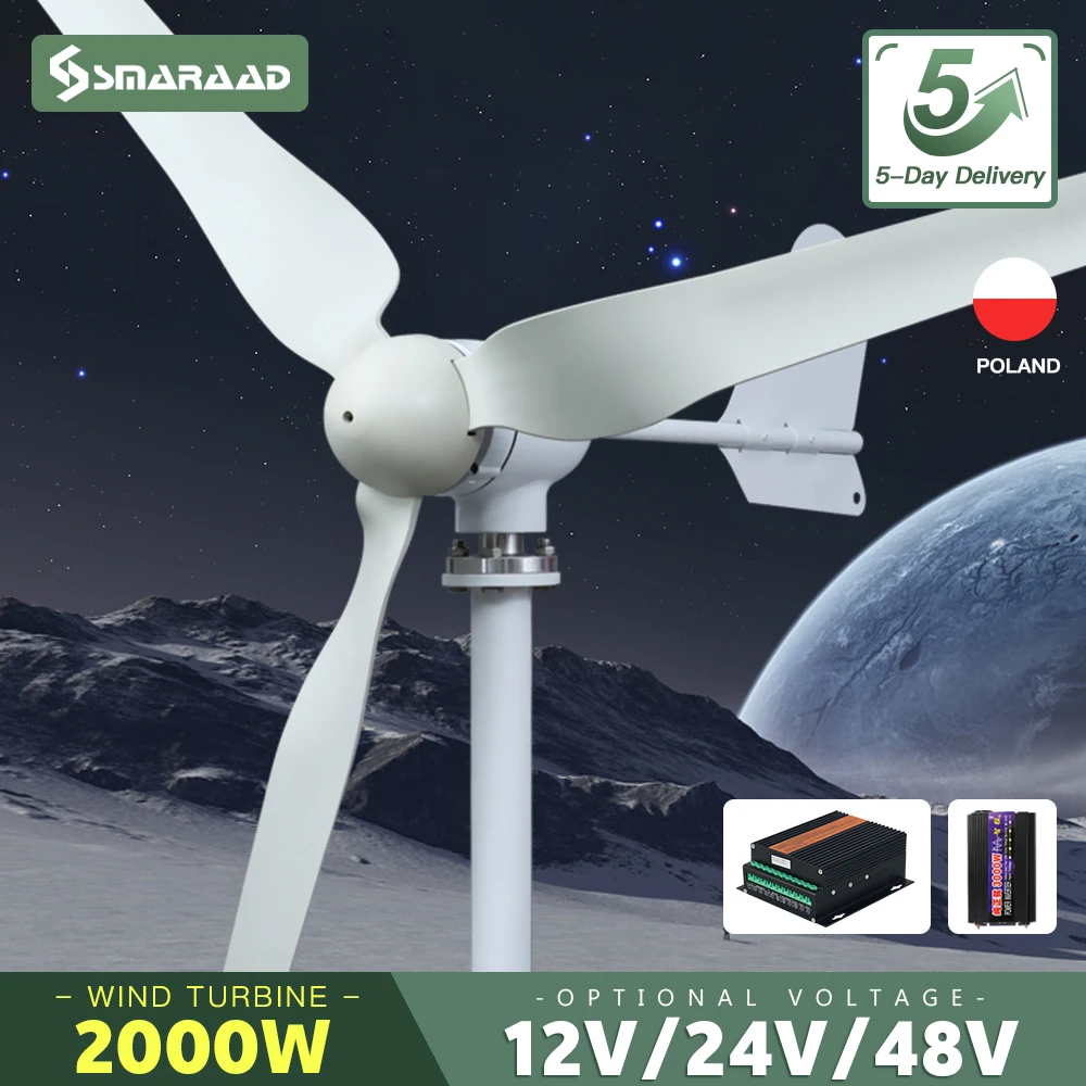 2kw 2000w Horizontal Wind Turbine Generator 12V 24V 48V Free Energy Strong Power Magnetic Dynamo 220v Inverter Output For Home