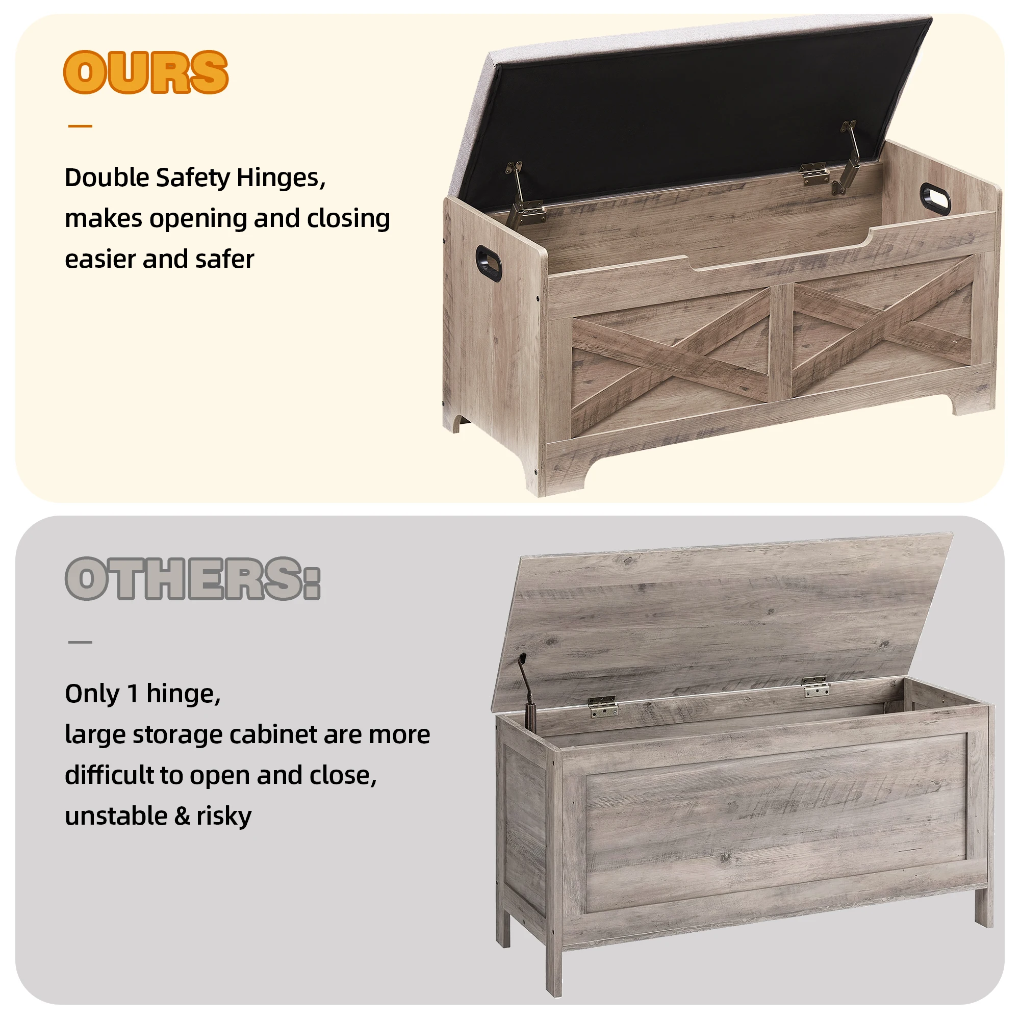 Modern Farmhouse Shoe Storage Bench – Large Wooden Entryway Trunk with Lift-Top, Safety Hinges, Cushion for Bedroom, Living Room, Hallway – Grey Finish