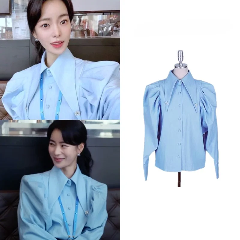 Kpop Korean Drama Star Same Elegant Puff Sleeve Office Lady Shirts Women Winter Blue Casual Buttons Blouses Street Fashion Tops