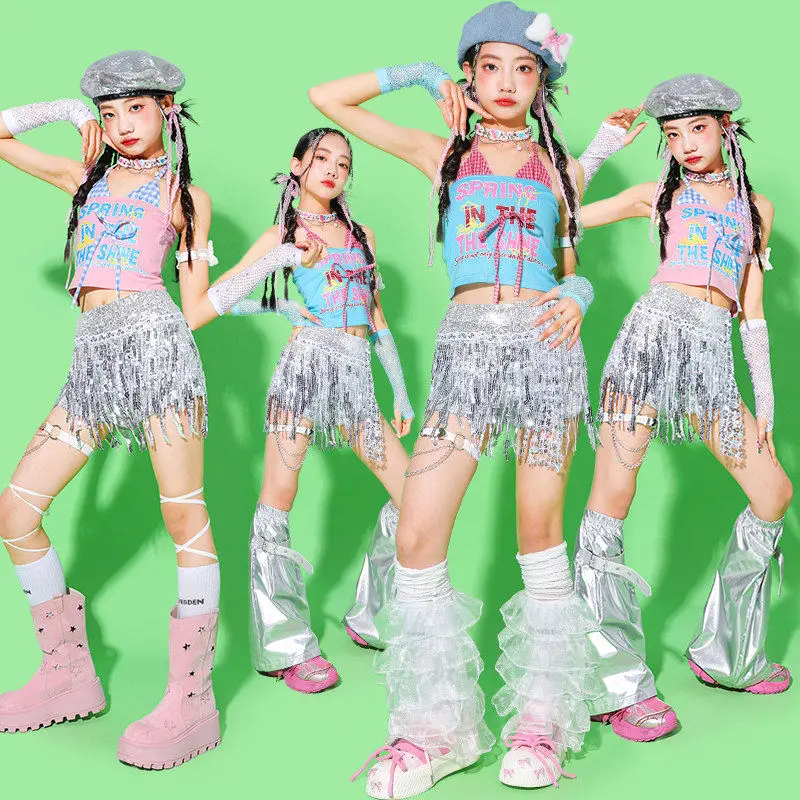 

Girl Jazz Dance Costume Kpop Outfit Children Performance Show Stage Wear Summer Blue Vest Silver Sequin Shorts Streetwear 3657