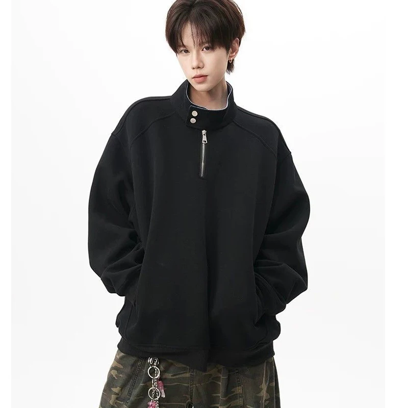 2026 Autumn New Unisex Half Zip Stand Collar Sweatshirt Loose Deconstructed Spliced Plaid Pullover Trendy Casual Long Sleeve Top