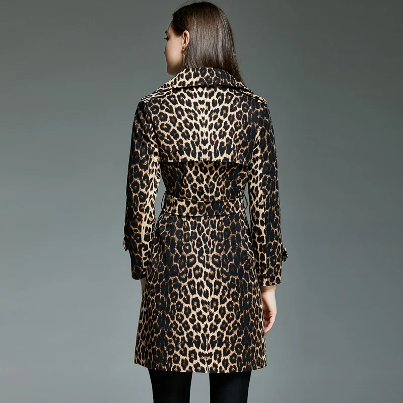 Spring Autumn Long Leopard Trench Coat Women Long Sleeve Double Breasted Windbreaker Korean Fashion Slim Belt Overcoat Female