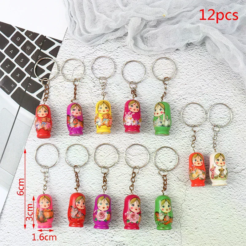 12pc Keychains Decor Gift Matryoshka Russian Dolls Key Rings Drip Wood Christmas High Quality
